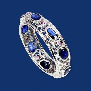 925 Sterling Silver Ring Sz 8 with Natural Kyanite 4x3mm, Rhodolite Garnet Gems